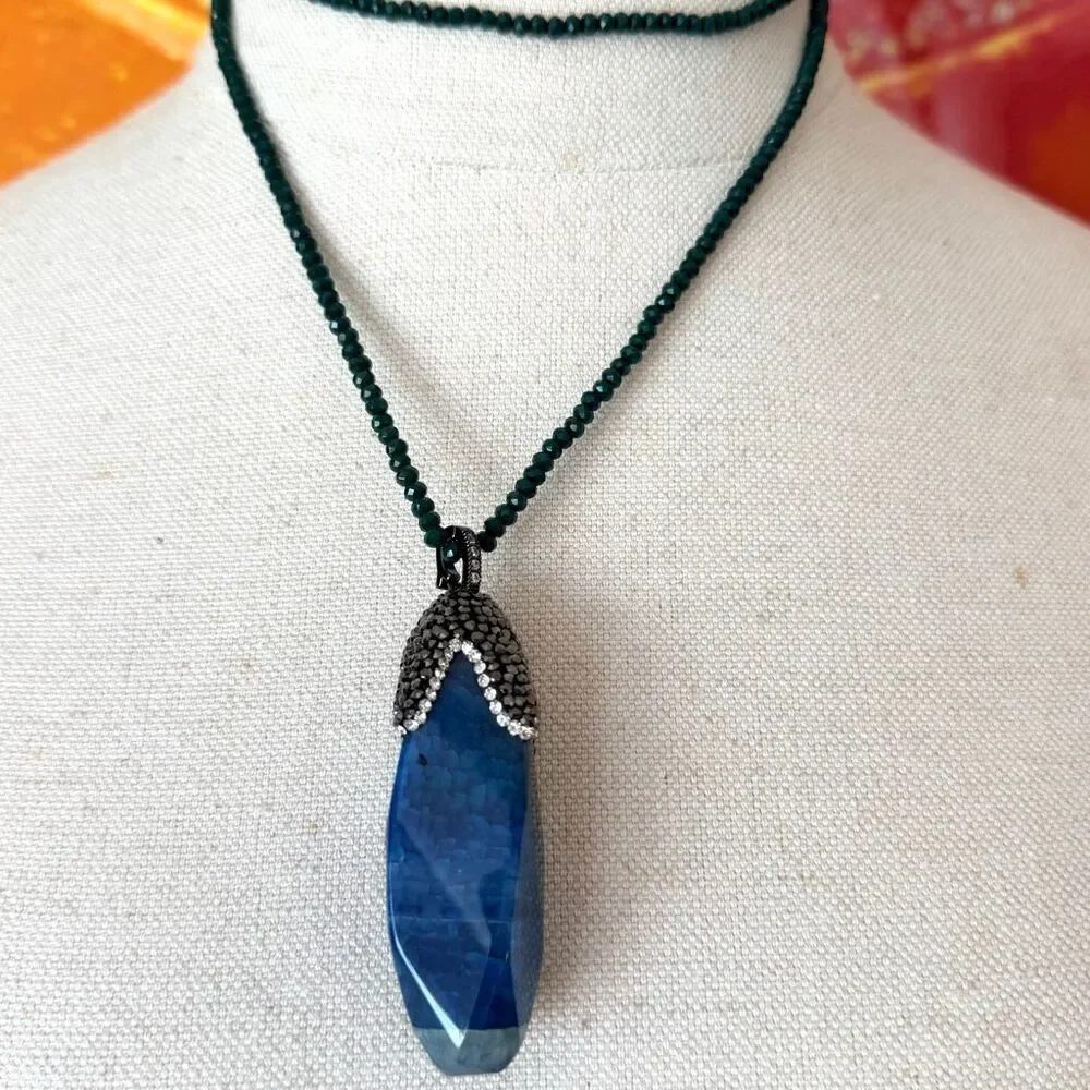 JK CN Blue Agate Crystal Point Statement Necklace with Pave Rhinestone Cap